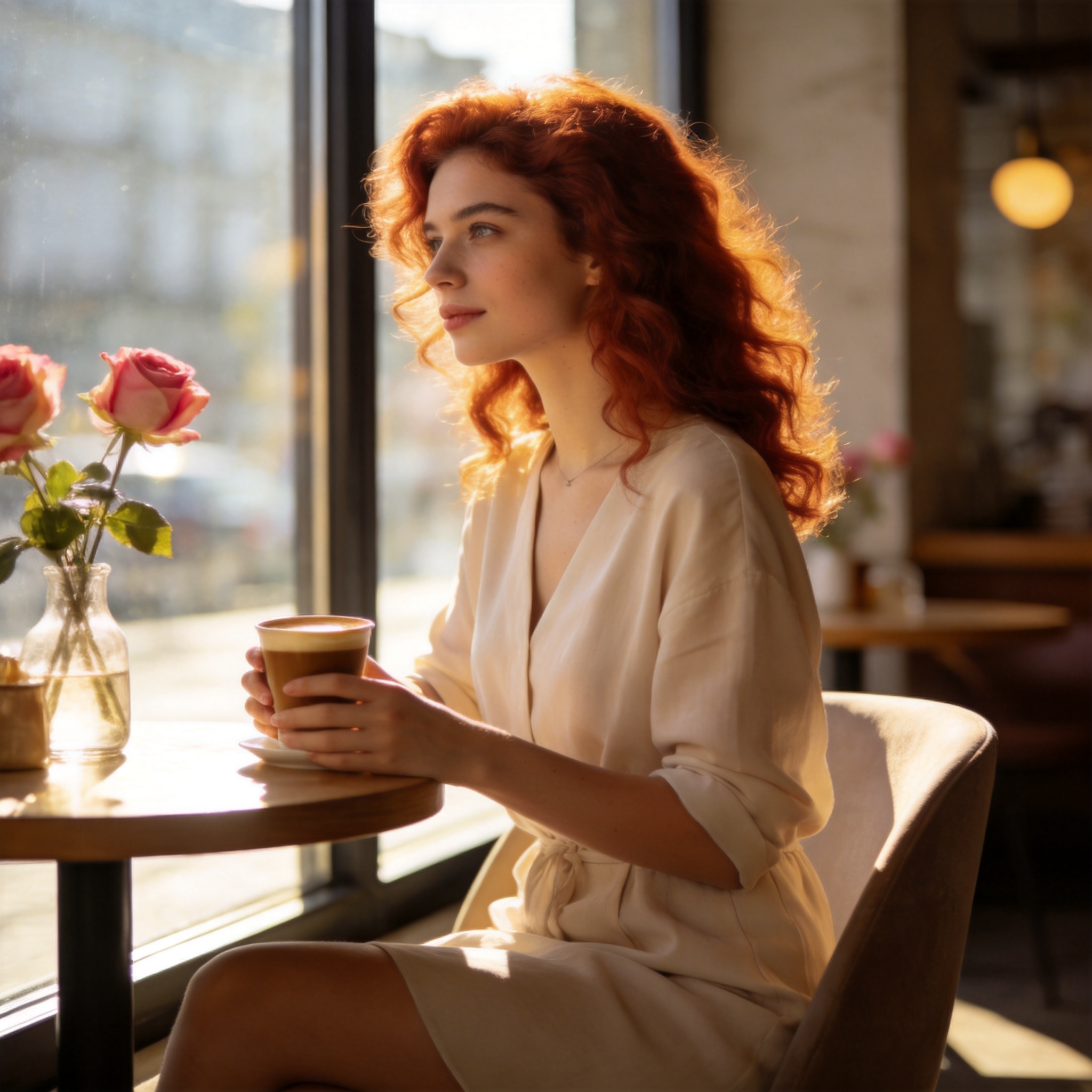 A young woman enjoying a sunny moment in a modern cafe, part of a lifestyle profile